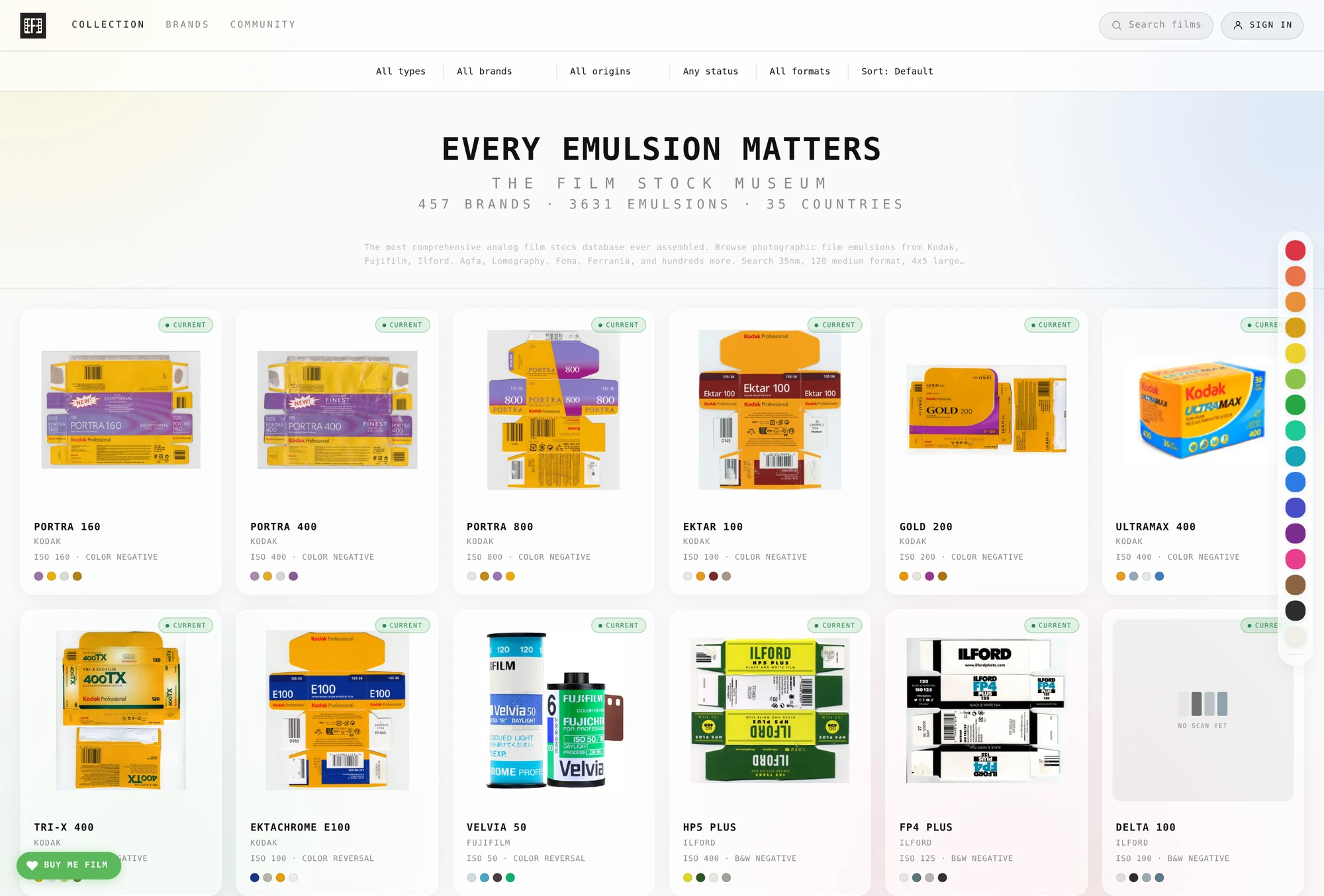 Every Film Ever collection page showing packaging photographs of Portra, Ektar, Gold, Tri-X and Velvia beside a colour filter rail