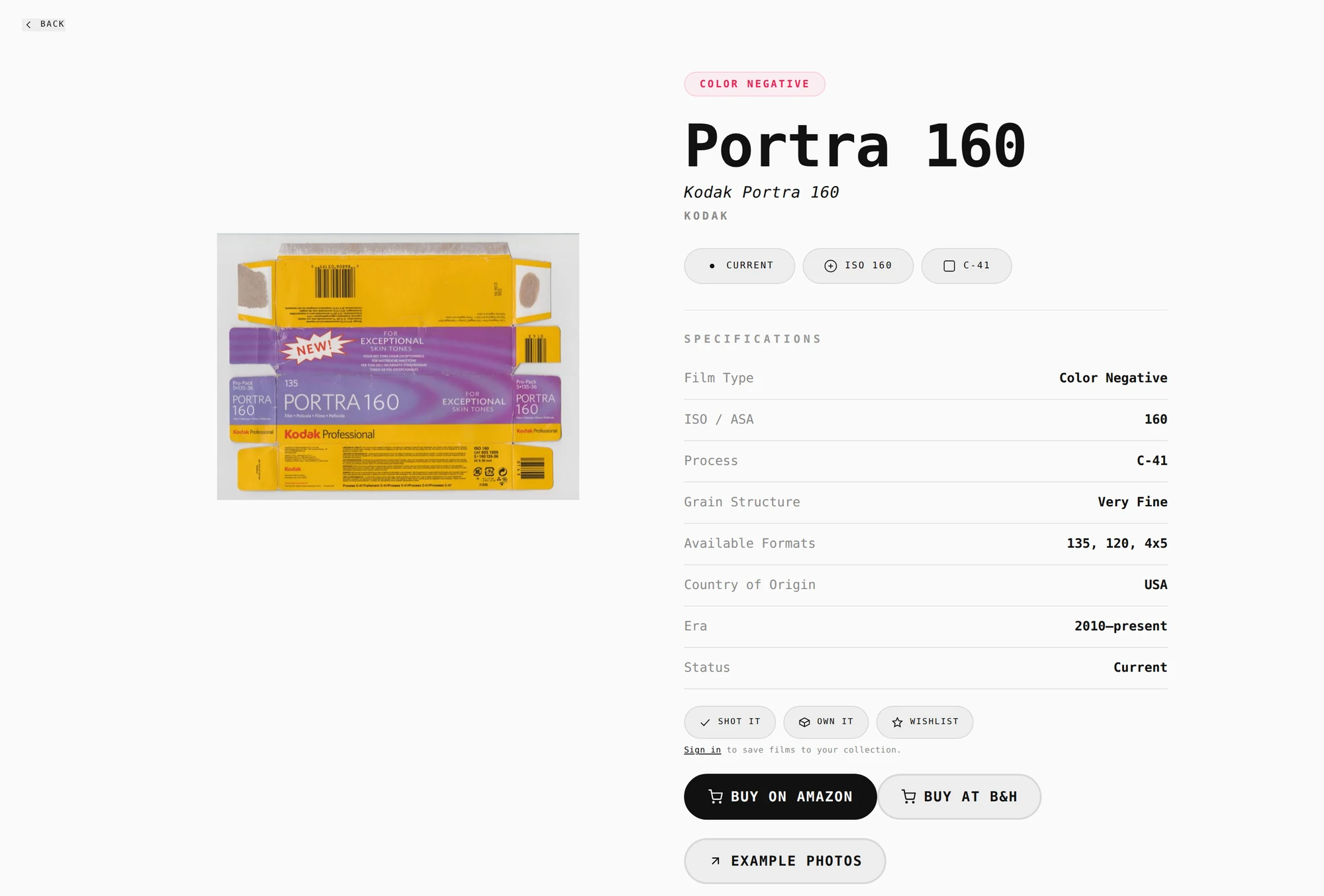 Kodak Portra 160 page with packaging photograph, film type, ISO, process, grain, formats, country and era