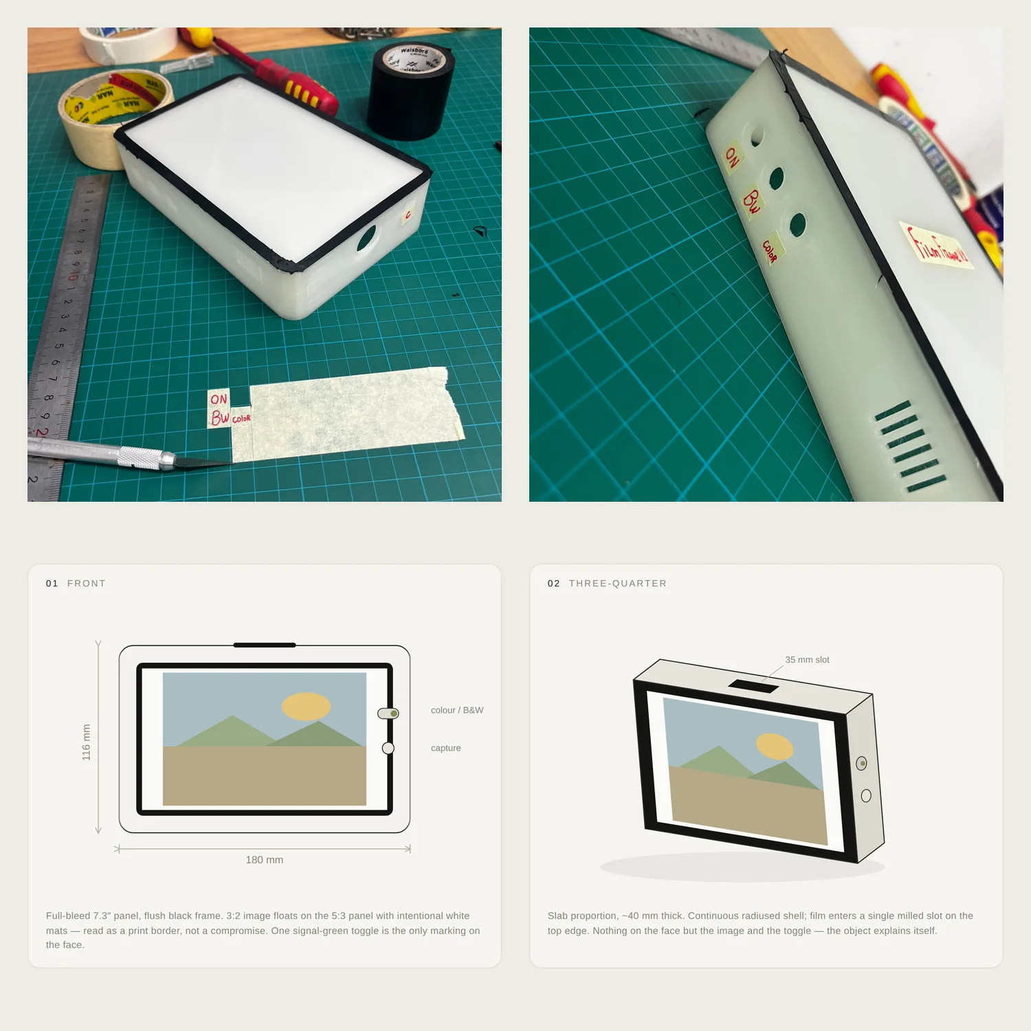 Four panel collage: two workbench photographs of the 3D printed body with a diffuser panel and hand written ON, BW and COLOR labels, beside the front elevation and three-quarter drawings of the same object