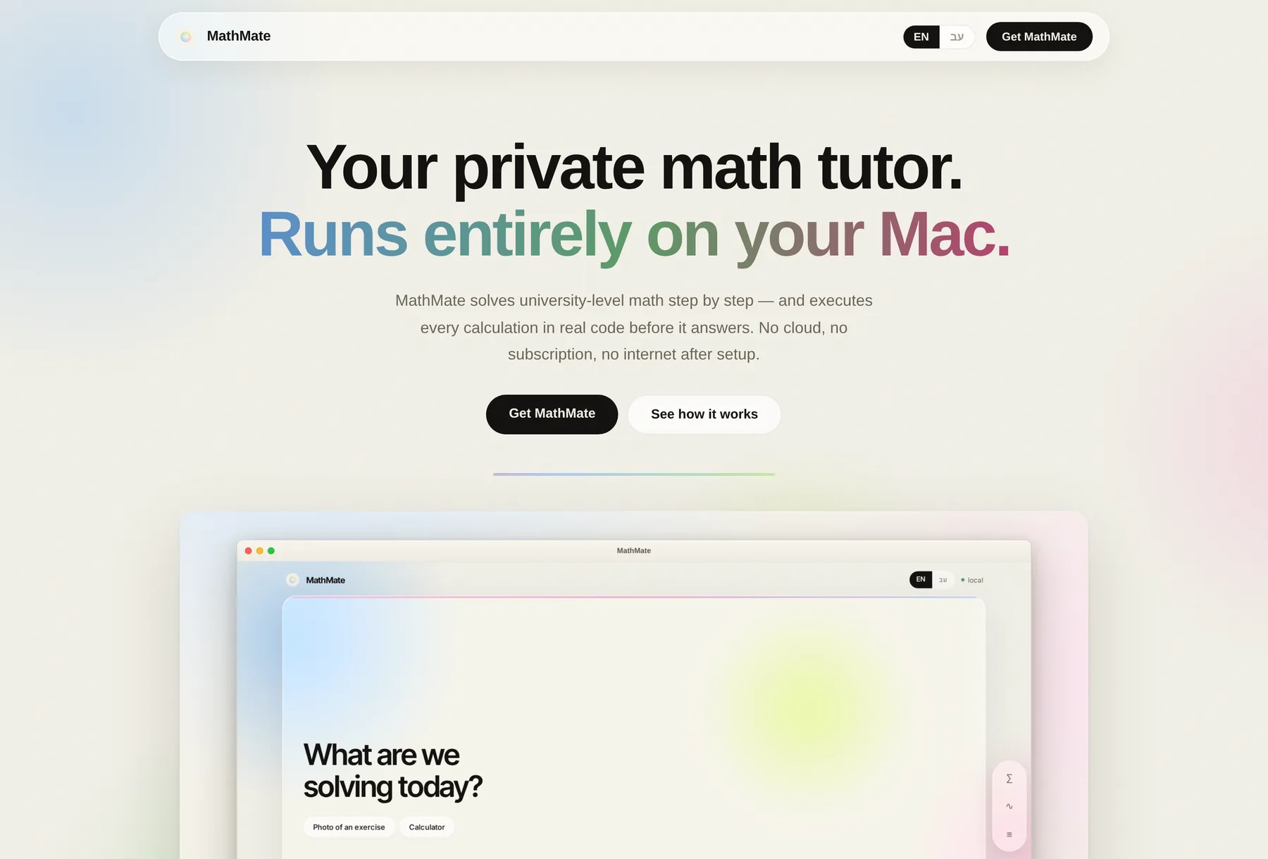 MathMate landing page reading Your private math tutor, runs entirely on your Mac