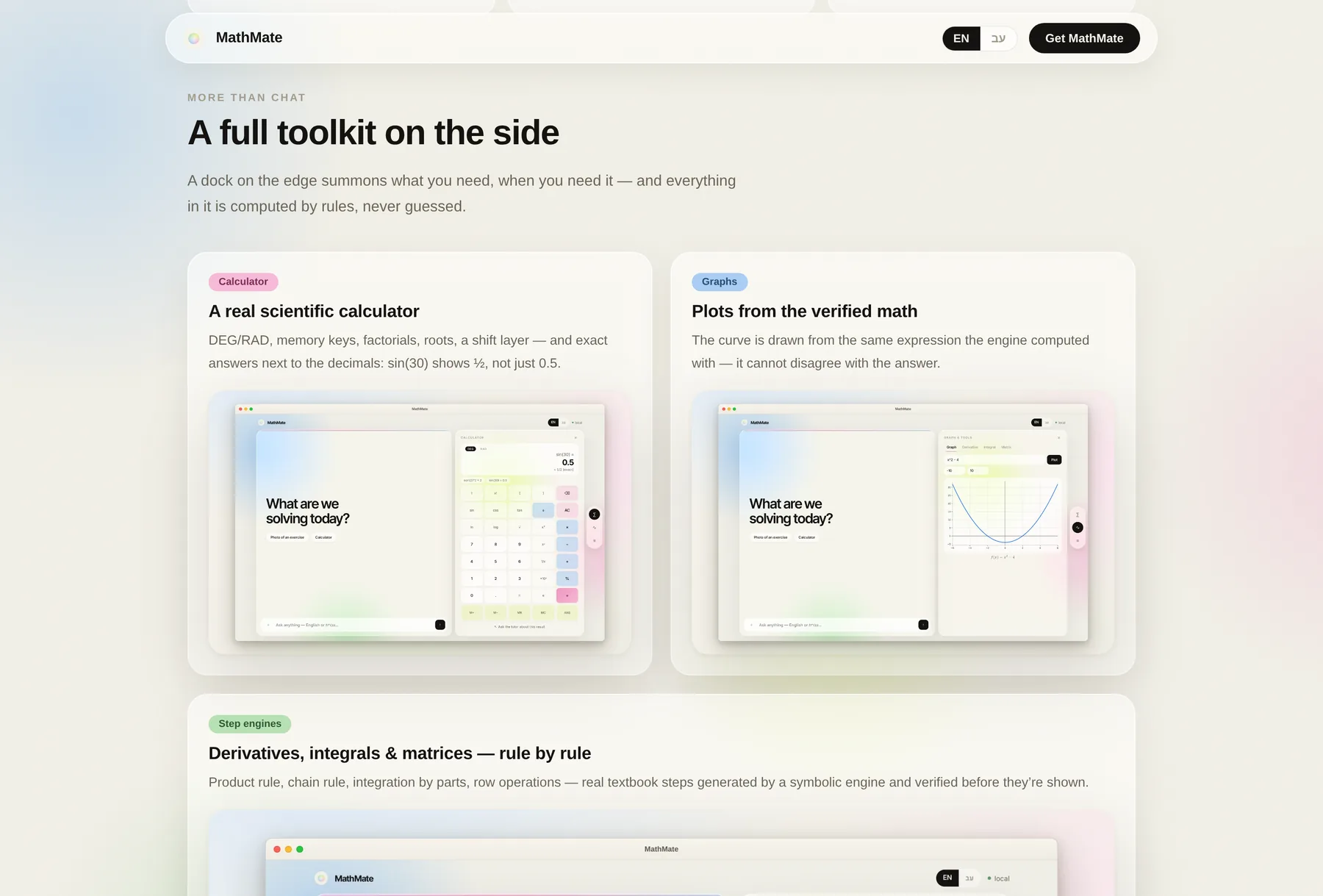 Feature cards for a scientific calculator, plots from verified maths, and step by step derivatives and matrices