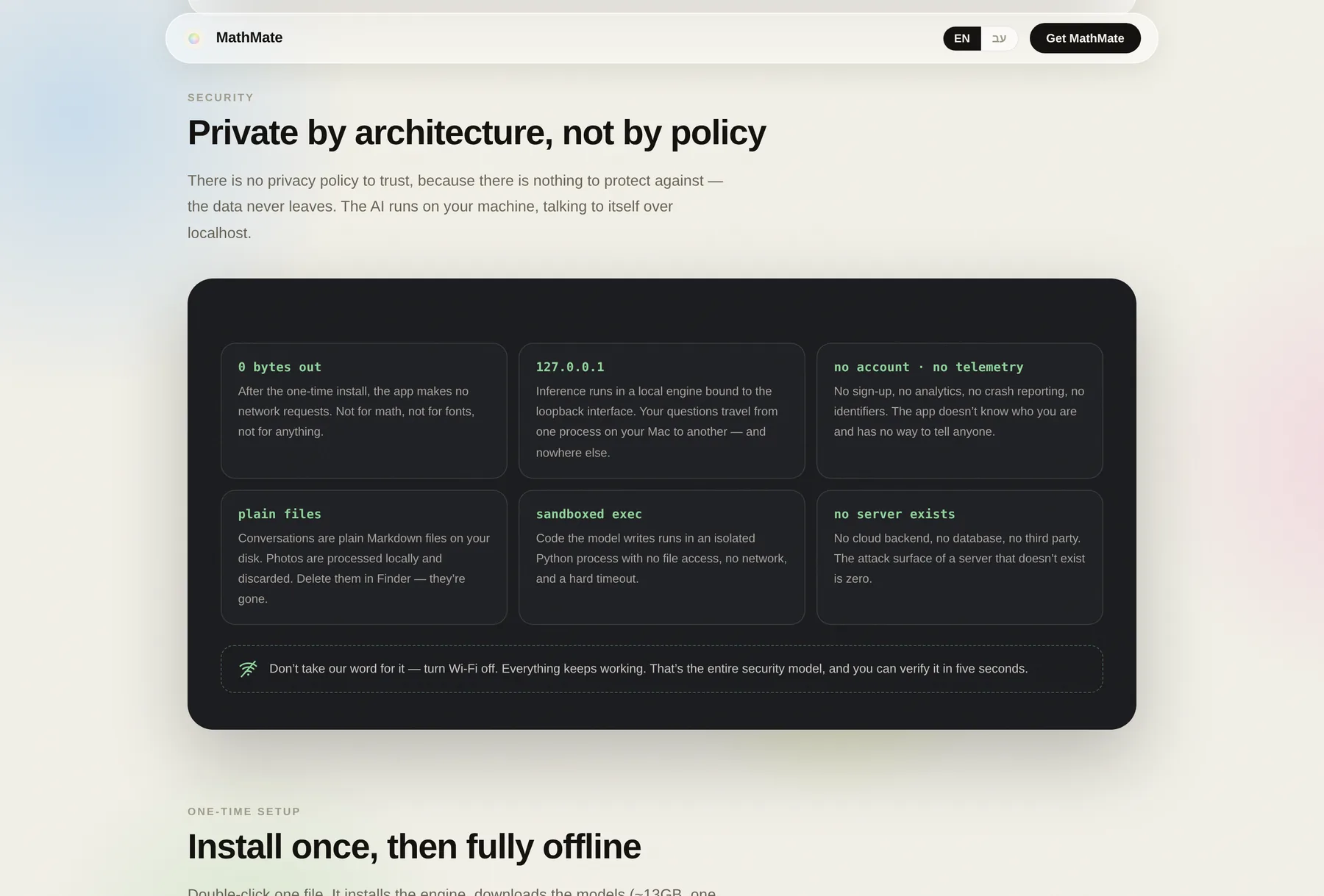 Security section listing zero bytes out, localhost inference, no account, plain files and sandboxed execution