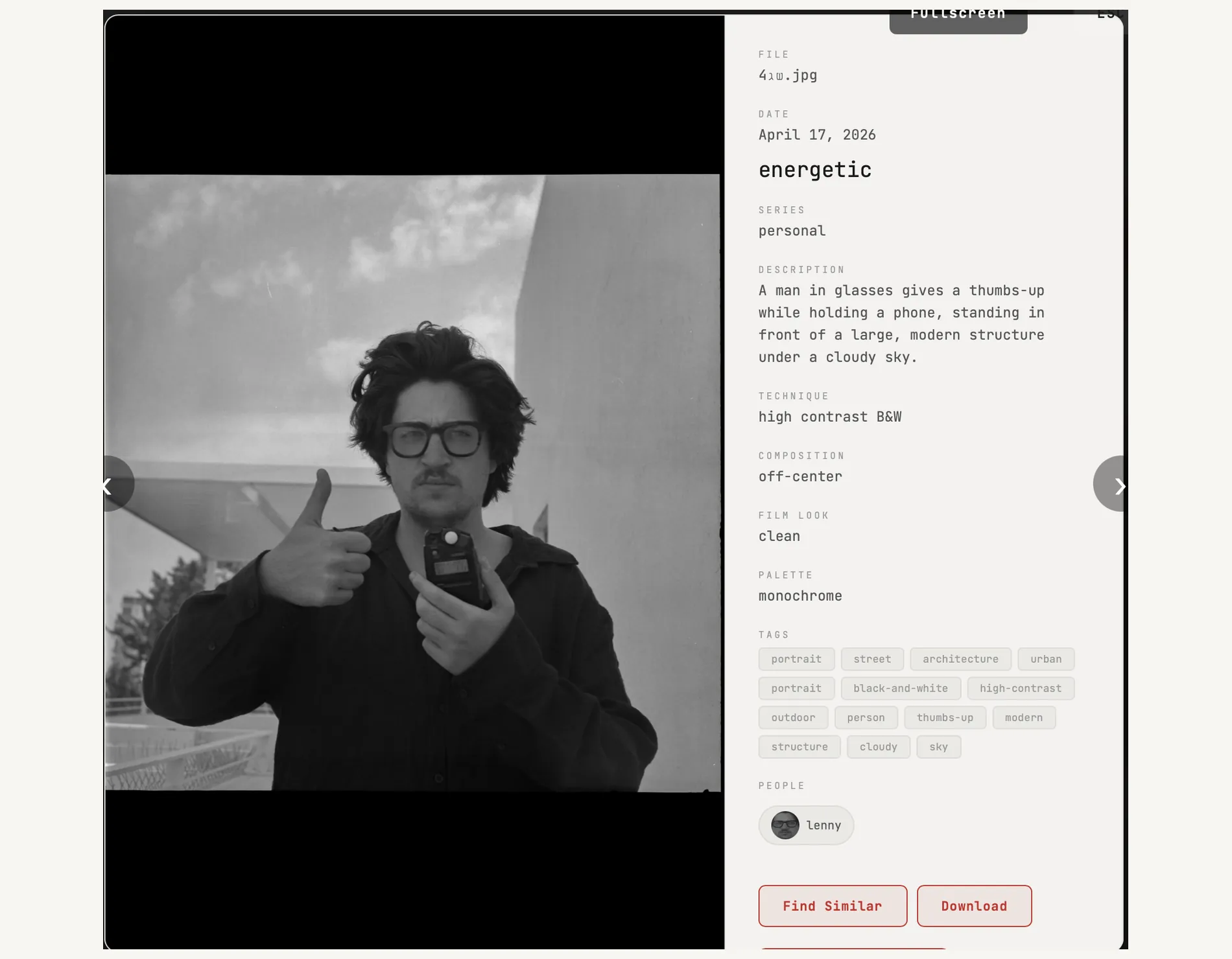 Photo detail view with a portrait on the left and a sidebar listing file, date, mood energetic, series, description, technique, composition, film look, palette and thirteen tags