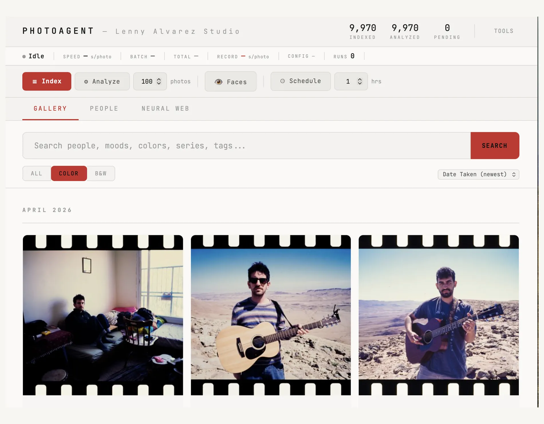PhotoAgent gallery tab showing a search bar, colour and black and white filters, and a grid of scanned film frames grouped by month