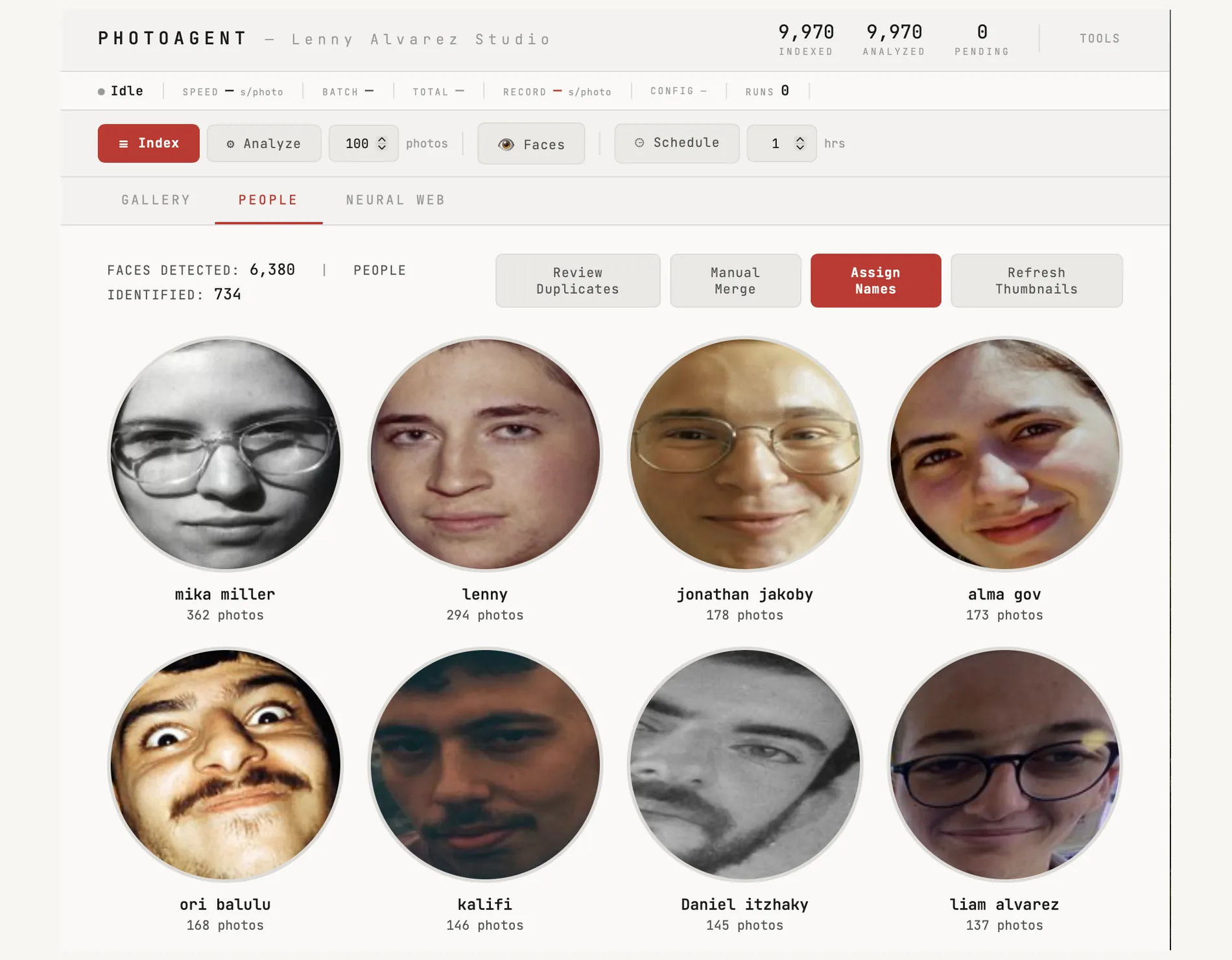 People tab showing circular face thumbnails with names and photo counts, mika miller 362 photos, lenny 294, jonathan jakoby 178